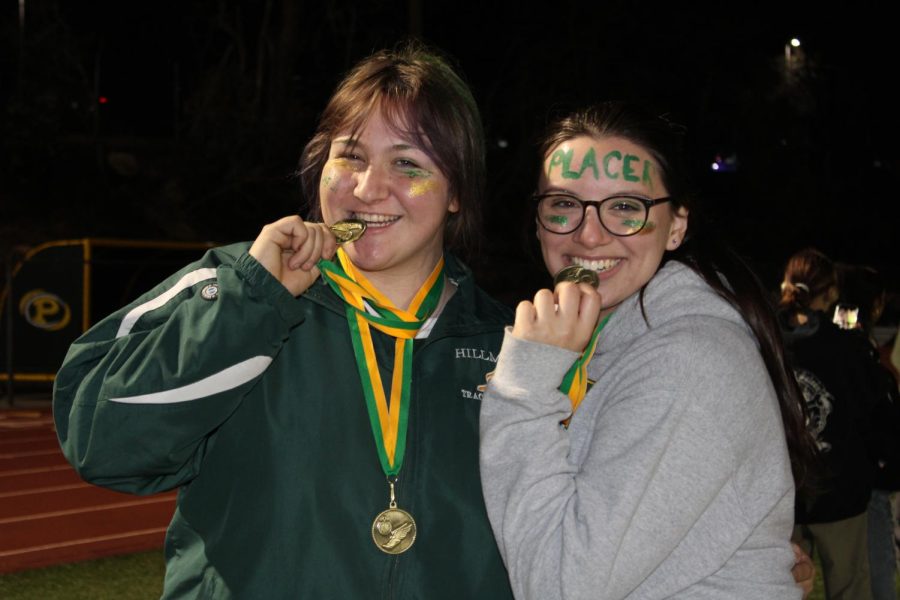 Teyah Karde (left) and Annabell Easton (right) celebrating their win at the LeFebvre Relays